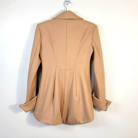 BEBE Blazer Women's XS Camel Wool Blend Tulip Hem Fitted Jacket Button Detail - Picture 3 of 13